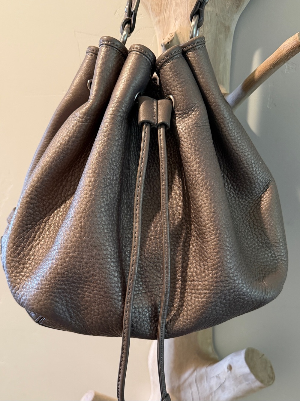 Cole Haan Metallic Gunmetal Pebbled Leather Bucket Bag Silver Gold Shimmer
